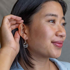 Silver Mushroom Dangle Earrings with Bronze Moon on model