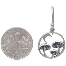 Silver Mushroom Dangle Earrings with Bronze Moon 28x15mm