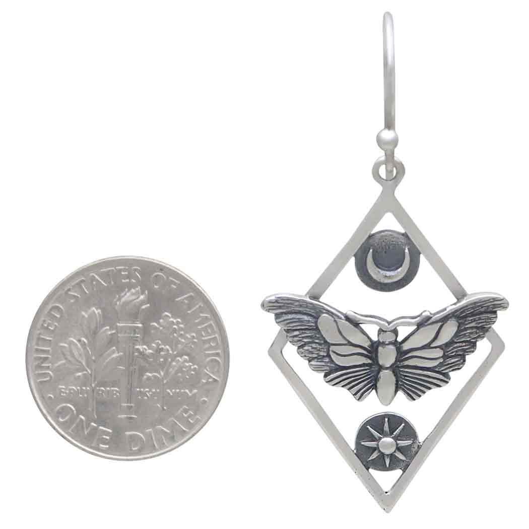 Sterling Silver Geometric Moth Dangle Earrings with Dime