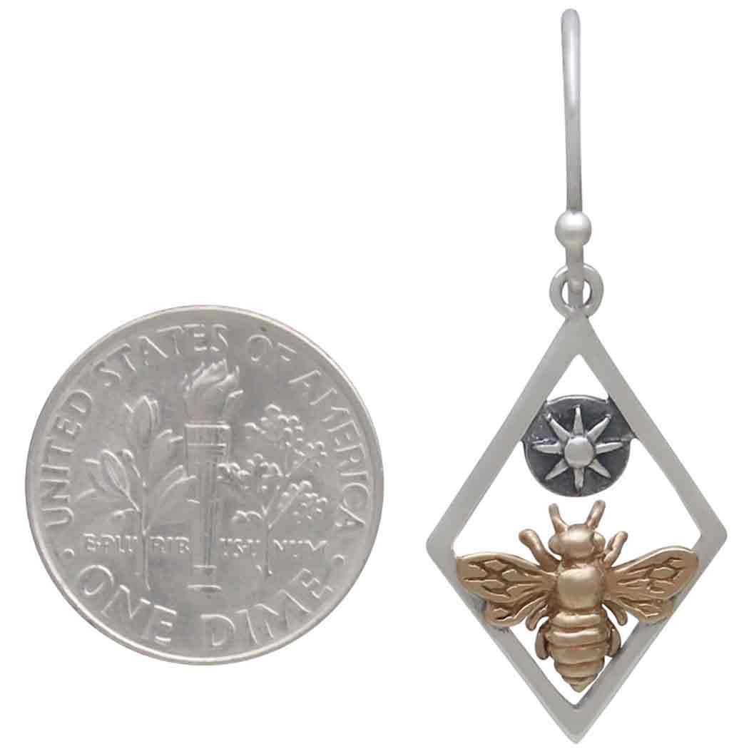 Mixed Metal Bee and Sun Dangle Earrings  with Dime