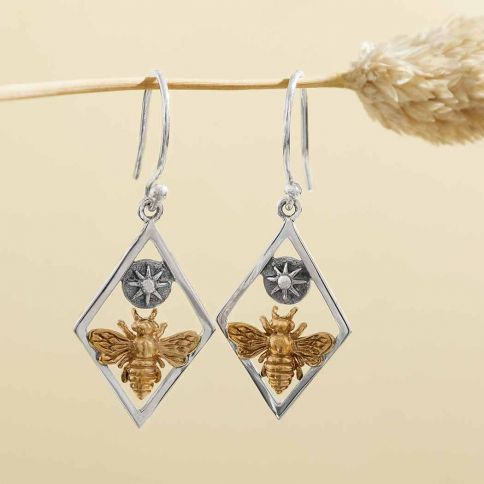 Sterling Silver Bronze Bee in Diamond Frame Earrings