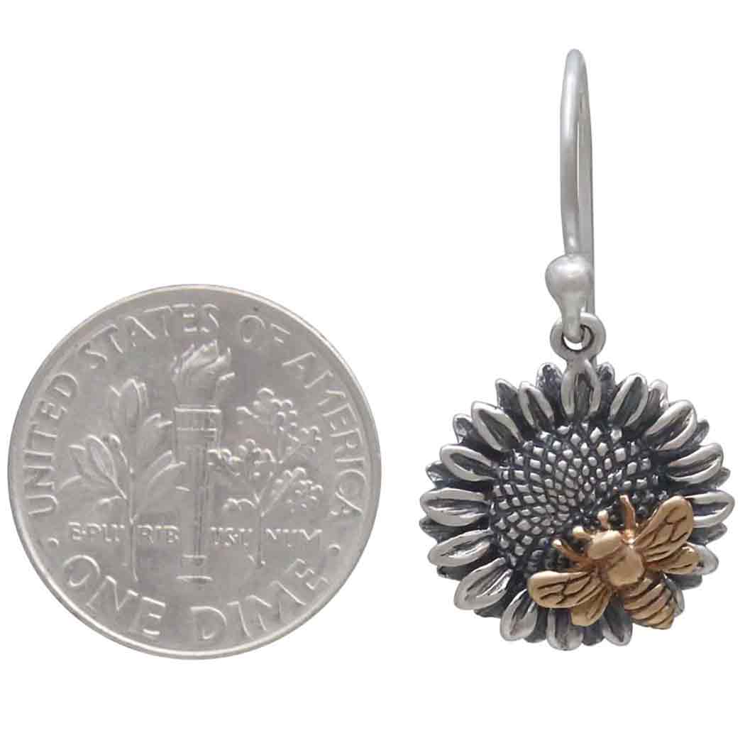 Silver Sunflower Dangle Earrings with Bronze Bee 29x15mm