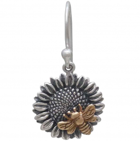 Silver Sunflower Dangle Earrings with Bronze Bee 29x15mm