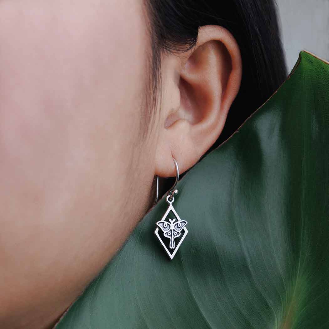 Sterling Silver Geometric Luna Moth Dangle Earrings 32x11mm on ear