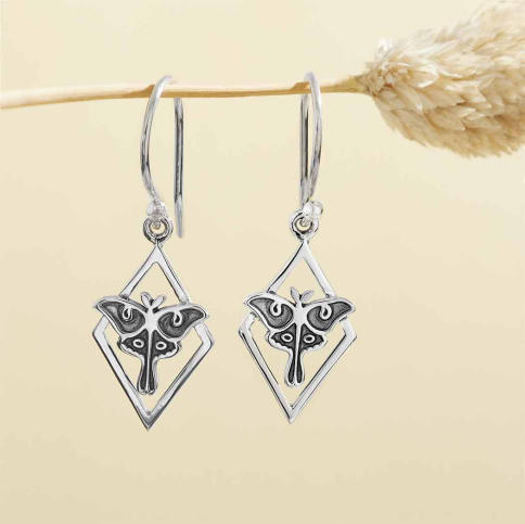 Sterling Silver Geometric Luna Moth Dangle Earrings 32x11mm
