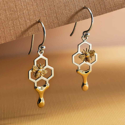 Honeycomb Dangle Earrings with Honey and Bee 37x12mm