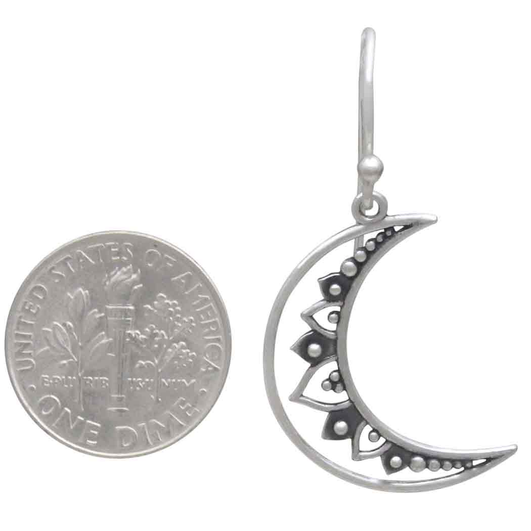 Sterling Silver Mandala Moon Dangle Earrings with Dime