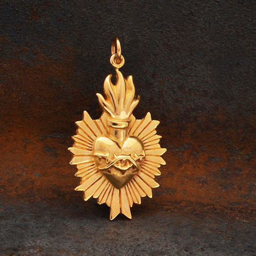 Bronze Flaming Sacred Heart Pendant with Thorns