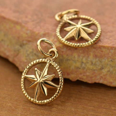 Compass Jewelry Charm in Circle Frame - Bronze 17x11mm