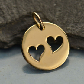 Round Jewelry Charm with 2 Heart Cutouts - Bronze 16x12mm