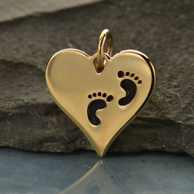 Heart Jewelry Charm with Etched Footprints - Bronze 16x14mm