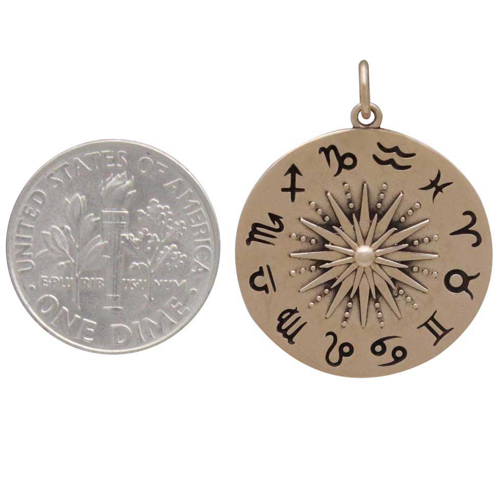 Bronze Sun Pendant with Zodiac Signs 27x21mm