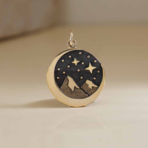 Bronze Snow Cap Mountain Charm with Moon 21x15mm