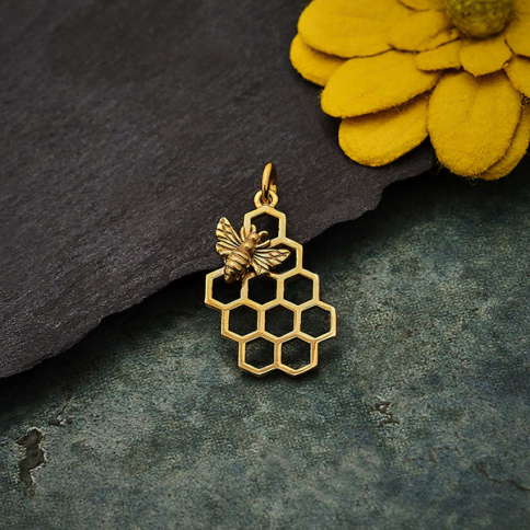 Bronze Honey Bee Charm on Honeycomb 23x11mm