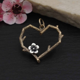 Bronze Branch Heart Charm with Silver Blossom 23x23mm