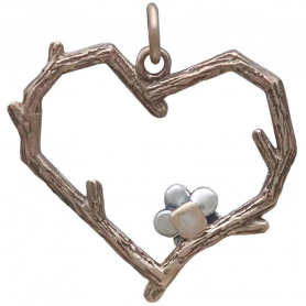 Bronze Branch Heart Charm with Silver Blossom 23x23mm