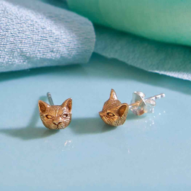 Bronze 3D Cat Head Post Earrings 6x7mm