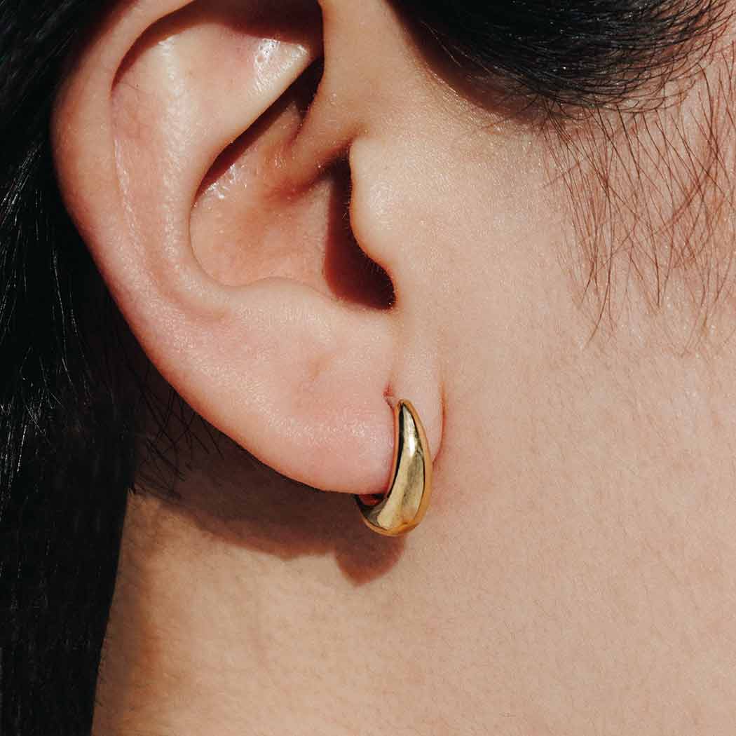 Bronze Teardrop Huggie Hoop Earrings 13x11mm on ear