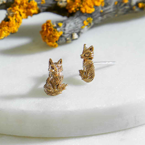 Bronze Dimensional Sitting Fox Post Earrings 11x7mm