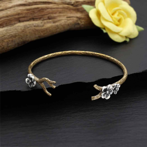 Bronze Branch Bracelet with Silver Blossoms 52x62mm