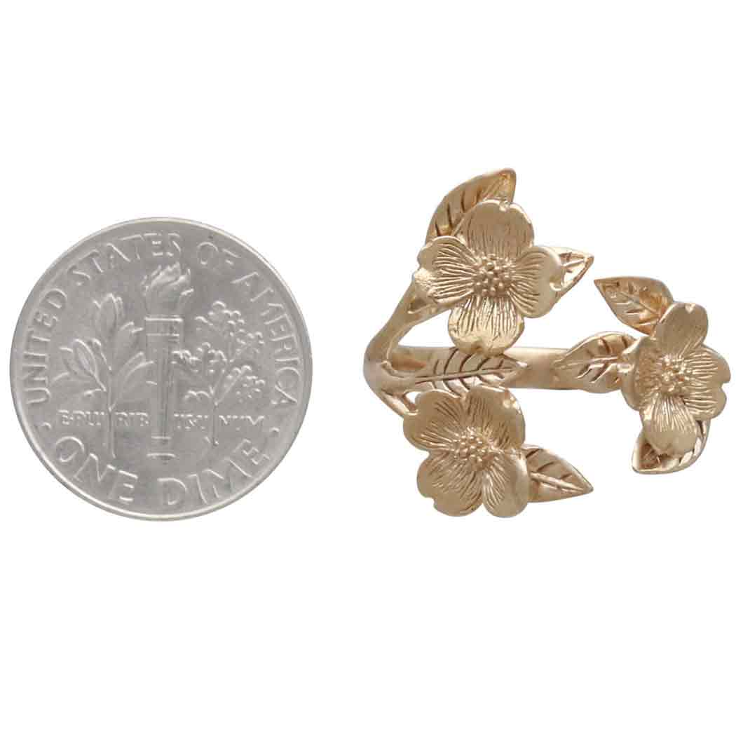 Bronze Adjustable Dogwood Flower and Leaf Ring with Dime