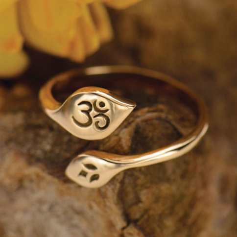 Adjustable Ring with Lotus and Om - Bronze