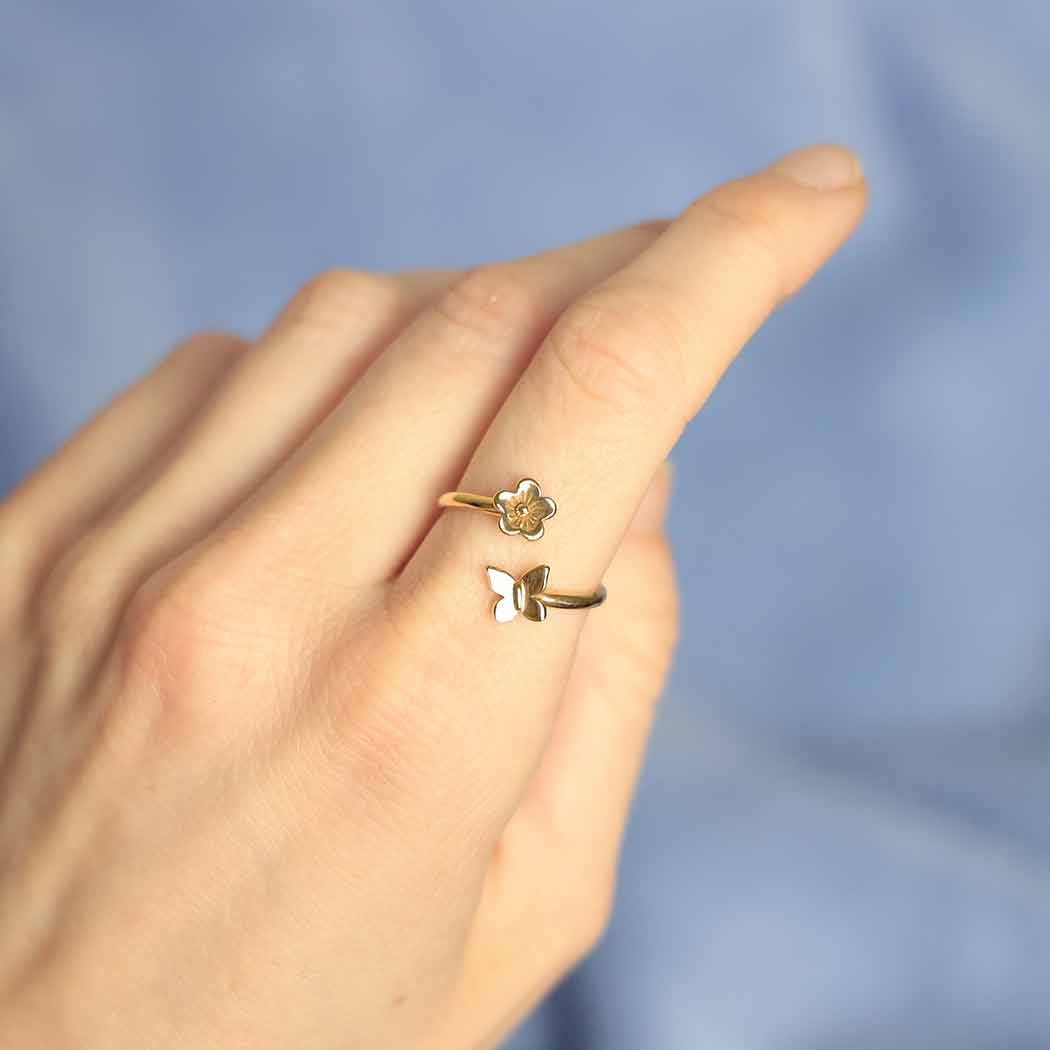 Bronze Butterfly and Flower Adjustable Ring