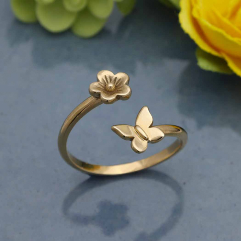 Bronze Butterfly and Flower Adjustable Ring