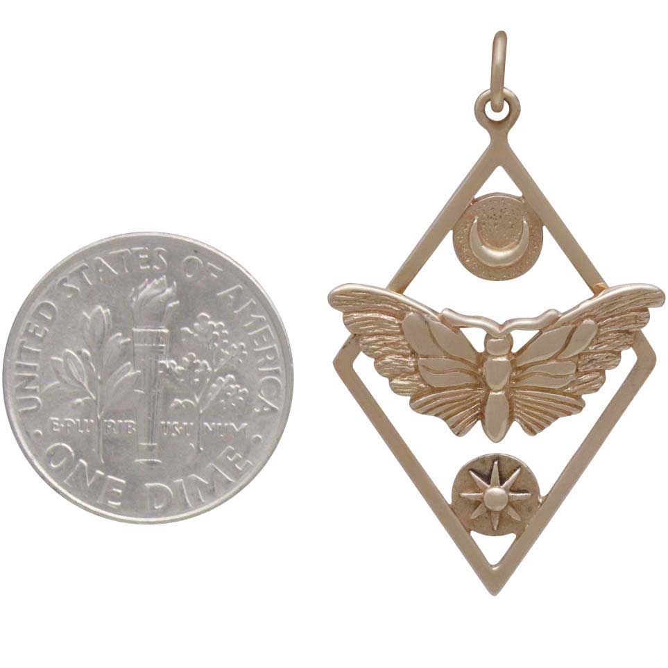 Bronze Geometric Moth Charm with Sun and Moon 35x21mm