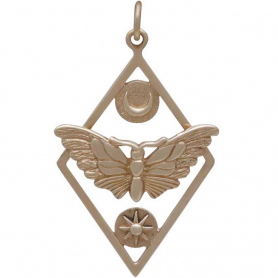 Bronze Geometric Moth Charm with Sun and Moon 35x21mm