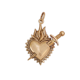 Bronze Flaming Heart Pendant with Sword 26x20mm