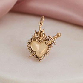 Bronze Flaming Heart Pendant with Sword 26x20mm
