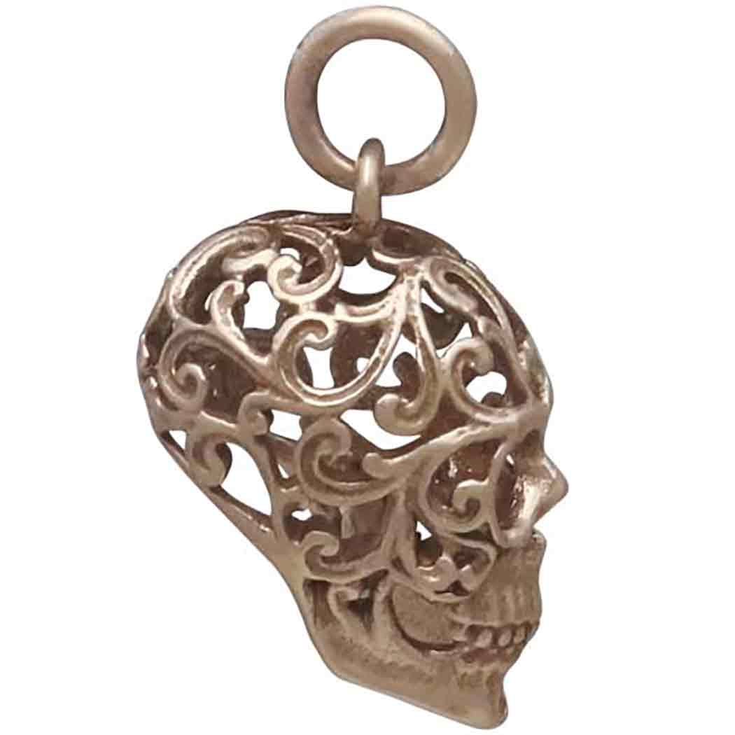 Bronze Sugar Skull Charm with Filigree Scroll Work 20x10mm