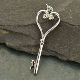 Key Charm w Heart - Silver Plated Bronze DISCONTINUED