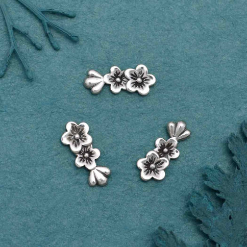 Sterling Silver Two Cherry Blossoms Solderable Charm 11x5mm