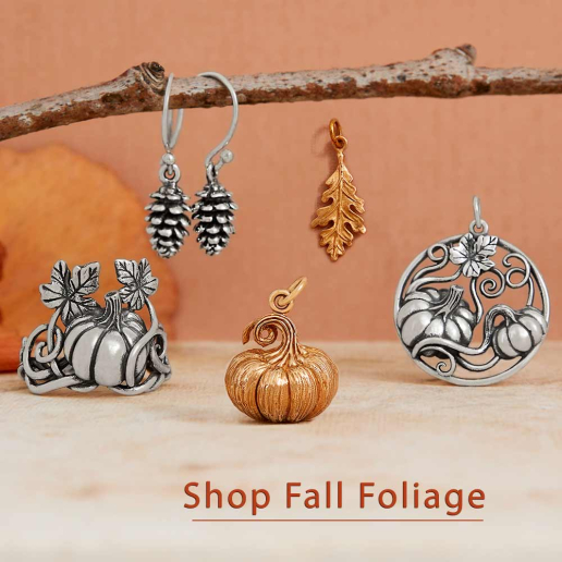 Shop Nina Designs Fall Foliage jewelry collection with pumpkins, pinecones, oak leaves, acorns, and sterling silver charms, necklaces, and earrings