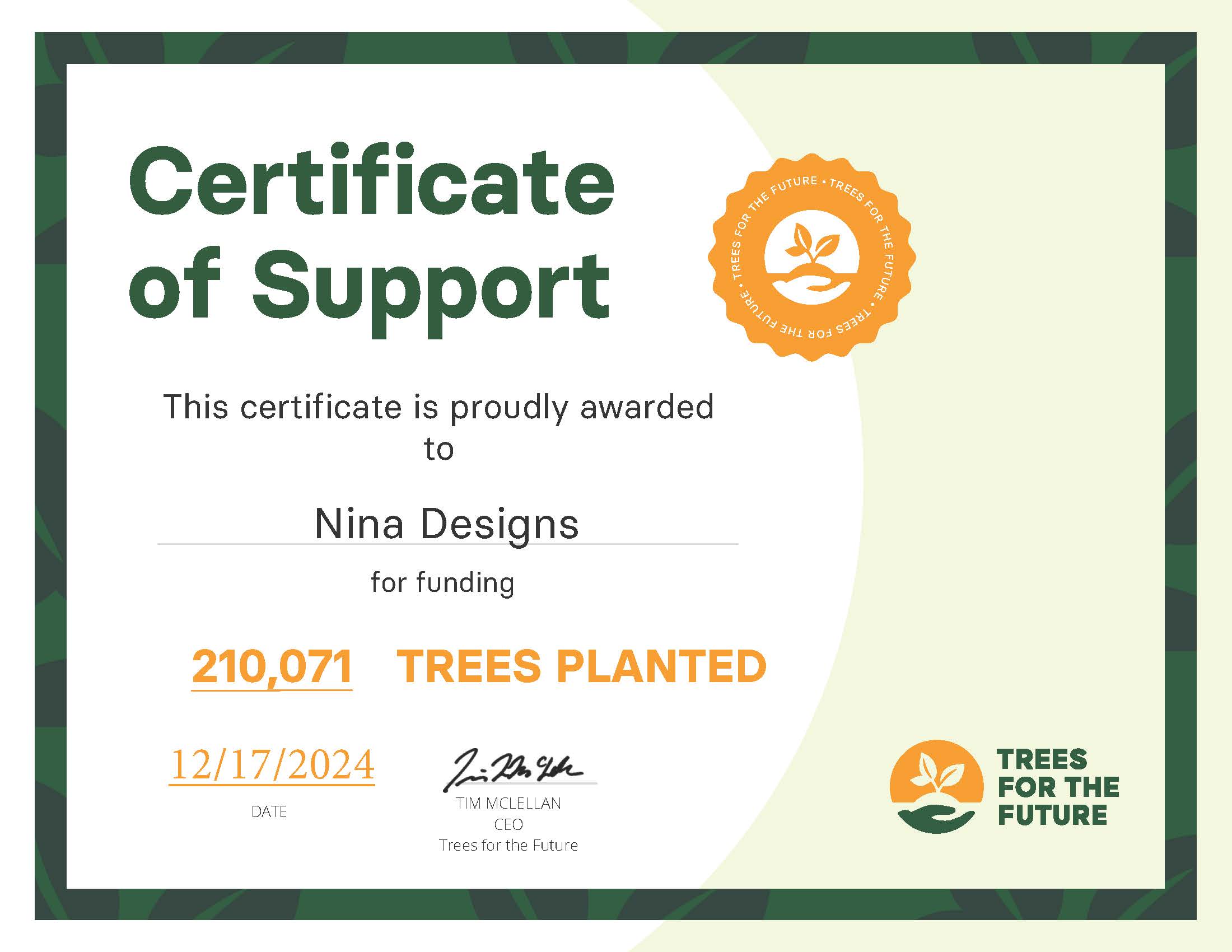 Trees Certificate 210,000 trees planted