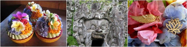 Balinese Flower Offering and Sculpture of Gods