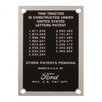 Patent Data Plate - 1948-52 Ford Tractor 