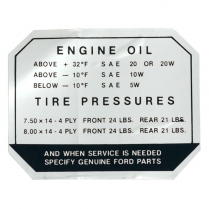 Decal - Glove Box - Engine Oil/Tire Pressure - 1957-58 Ford Car