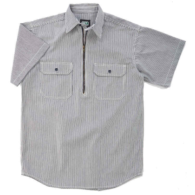 Men's Logger Hickory Short Sleeve Shirt with Half Zipper Front Closure 