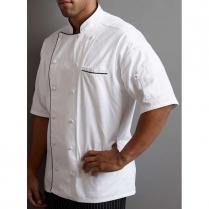 Uncommon Threads Montebello Short Sleeve White with Black Piping with 12 Cloth Covered Button Chef Coat