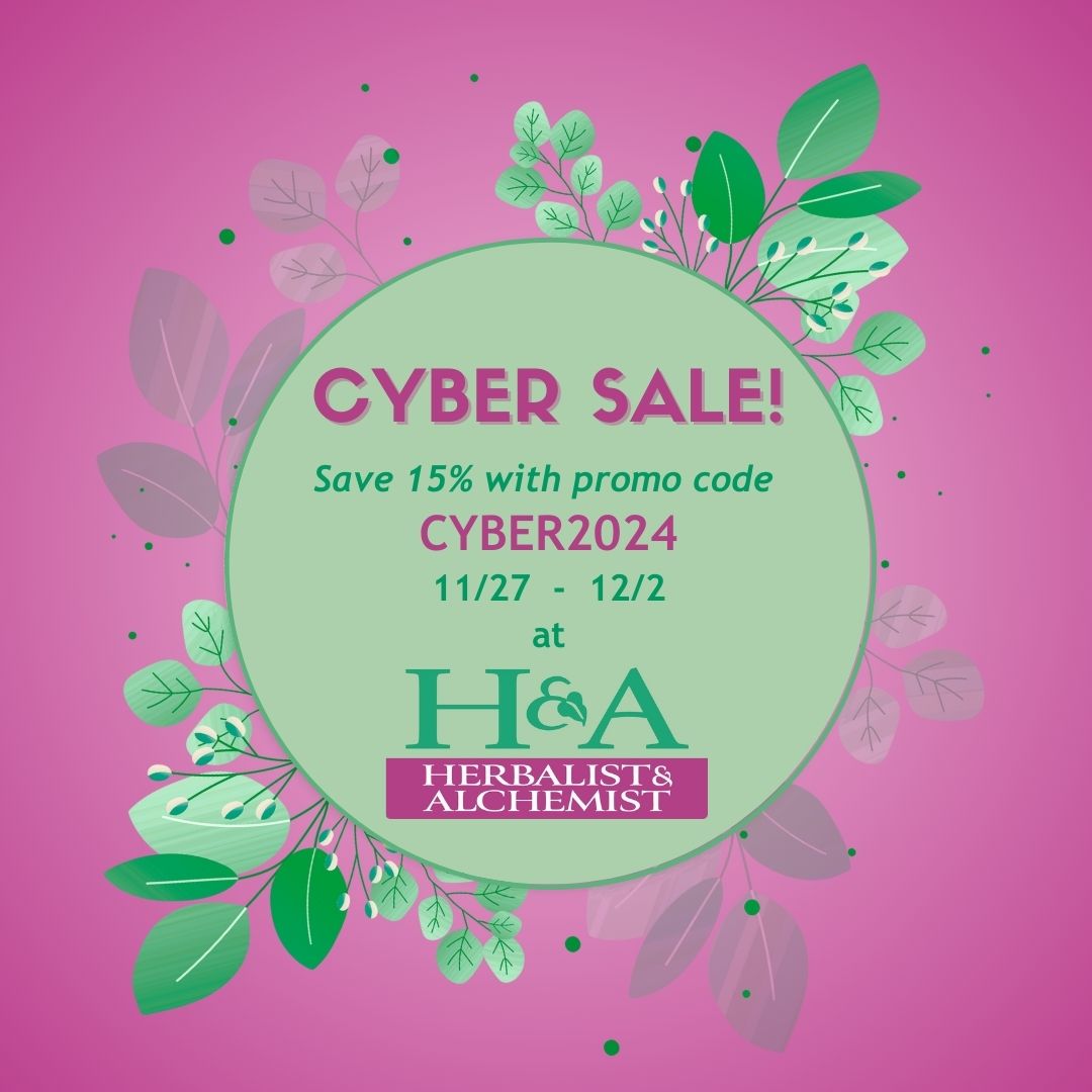 pink and green graphic with herbalist and alchemist logo and cyber weekend 2024 sale details. promo code CYBER2024 will automatically apply to your cart.