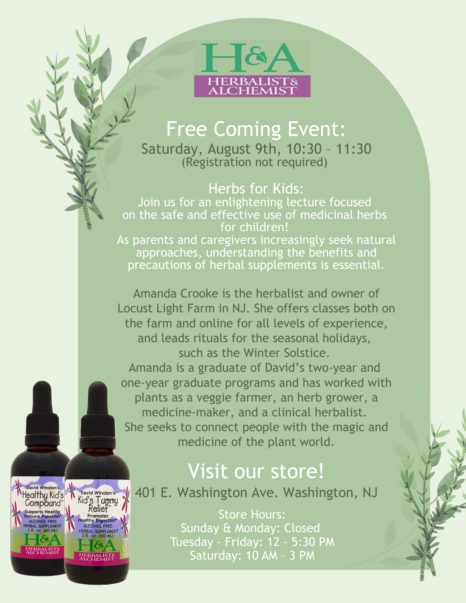 In store lecture on August 9, 2025 Herb for Kid's with Amanda Crooke, herbalist