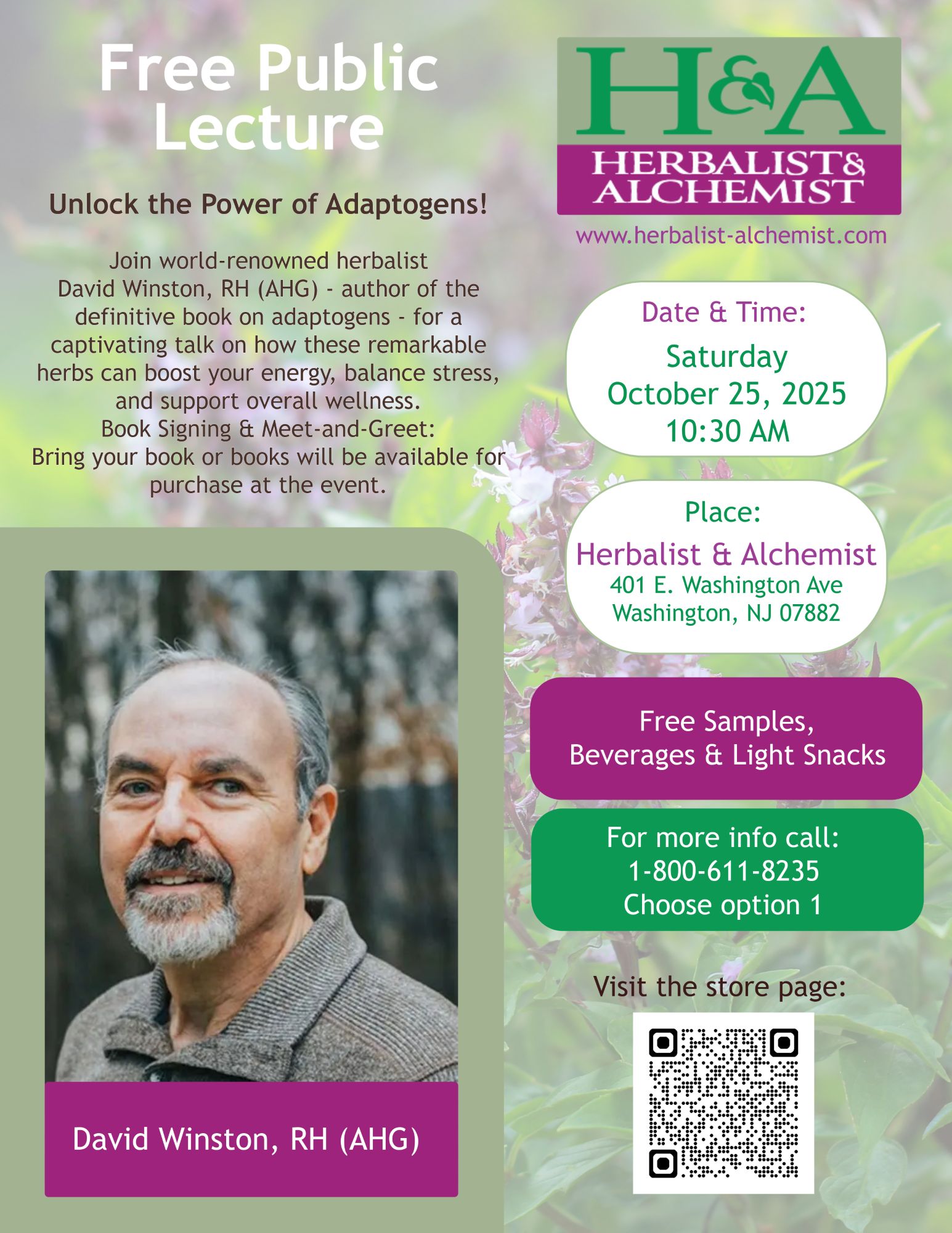 Adaptogens with David Winston, Free Lecture at Retail Store Oct 25th at 10:30am.