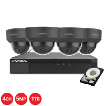 Cymbol kit de 4 canaux IP avec 4 caméras VPD noires et de 5 MP, 1 NVR à 4 canaux et 1 disque dur de 1 TB