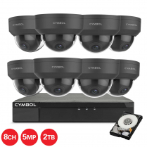 Cymbol kit de 8 canaux IP, avec 8 caméras VPD noires et de 5 MP, 1 NVR à 8 canaux et 1 disque dur de 2 TB