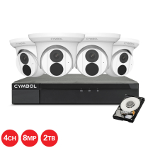 Cymbol kit de 4 canaux IP avec 4 caméras tourelles blanches et de 8 MP, 1 NVR à 4 canaux et 1 disque dur de 2 TB