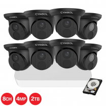 Cymbol kit de 8 canaux IP avec 8 caméras tourelles noires et de 4 MP, 1 NVR à 8 canaux et 1 disque dur de 2 TB