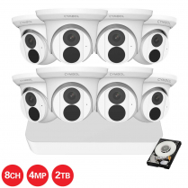Cymbol kit de 8 canaux IP avec 8 caméras tourelles blanches et de 4 MP, 1 NVR à 8 canaux et 1 disque dur de 2 TB